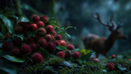 This image showcases a cluster of vibrant red, spiky fruit amidst rich green foliage. The composition features a blurred deer in the background, suggesting a natural, outdoor setting. The lighting creates depth and highlights the textures. It could be used for illustrating nature, food concepts or editorial content.の素材