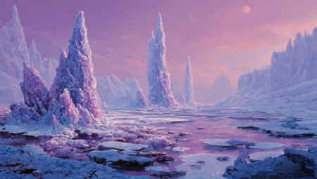 An expansive frozen landscape displays towering ice formations under a gradient sky. The artwork features soft pastel colors. The composition emphasizes a sense of scale with detailed textures. This scene could be used for various creative projects.の素材