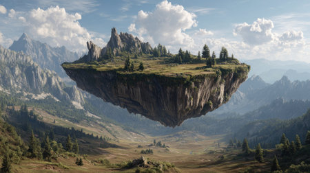 A fantasy landscape showcases a massive, detached island floating in the sky. The island features structures and trees, contrasting with the mountainous background. Rendered with soft lighting, the image evokes a sense of wonder and could be suitable for various creative projects or editorial illustrations.の素材