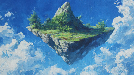 A surreal illustration depicts a floating island, covered in greenery, amidst a sky of fluffy white clouds. The artwork showcases a mountain peak and lush vegetation. The color palette is dominated by blues and greens, suggesting a daytime environment. This image is suitable for fantasy themes, conceptual projects, or creative design purposes.の素材