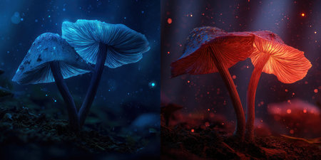A split image featuring glowing mushrooms in two different color schemes: blue and red. The scene evokes a sense of fantasy with its vibrant colors and ethereal lighting. The composition focuses on the mushrooms, likely in a natural environment, possibly suitable for commercial use in art or design projects.の素材