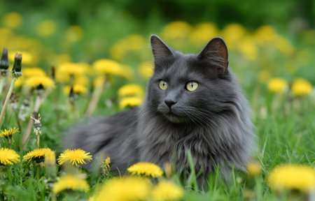 A gray cat rests among bright yellow flowers in a grassy field. The composition is natural, with soft lighting. The image suggests a peaceful outdoor setting, possibly in a garden or meadow. Suitable for various commercial and editorial uses, including marketing materials.の素材