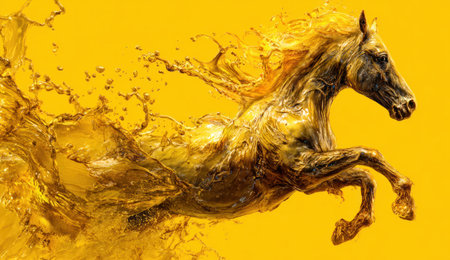 A majestic horse is depicted mid-leap, seemingly formed from a splash of golden liquid. The artwork features a dramatic composition with strong visual impact. The color palette focuses on warm tones, creating a dynamic and fluid effect. This image could be used for various creative projects, including advertising and design elements.の素材
