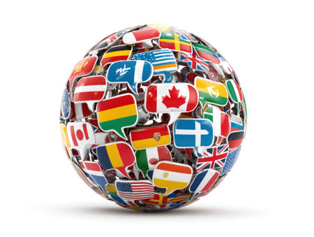 A spherical composition of flags from various nations forms a globe, symbolizing global communication and interconnectedness. The image displays a white background and offers overhead lighting. Its bright colors and clear composition make it suitable for various illustrative uses related to international affairs or global topics.の素材
