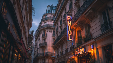 This image captures a street scene at dusk, with tall buildings lining both sides. A glowing sign and lights from shop entrances provide illumination against the deepening twilight. The composition focuses on architectural details, the contrasting light, and shadow, creating a moody atmosphere, suitable for commercial or editorial use.の素材