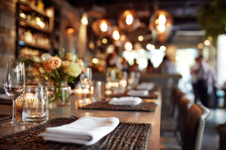 A restaurant table is set with glassware, napkins, and flowers, illuminated by warm, ambient lighting. The composition features a shallow depth of field, with a focus on the table setting and blurred elements in the background. This image could be suitable for use in advertising or editorial content related to dining experiences.の素材