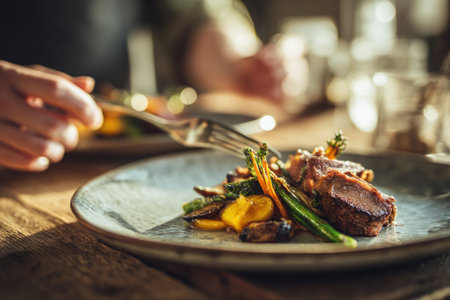 A detailed shot showcases a meticulously plated gourmet meal, featuring grilled meat and fresh vegetables. The food is arranged on a textured plate, with a fork poised above. Warm sunlight illuminates the scene, suggesting a dining setting. Suitable for illustrating culinary concepts or restaurant promotions.の素材