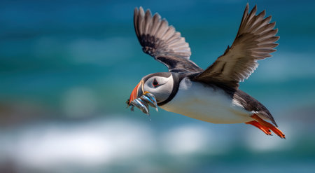 An Atlantic puffin is captured in mid-flight, holding fish in its beak. The bird showcases a vibrant mix of black, white, orange, and grey feathers. The composition features a shallow depth of field with a blurred blue ocean backdrop. This image is suitable for nature, wildlife, and environmental content.の素材