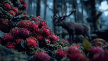 A forest scene presents a deer in the background and clusters of vibrant red plants in the foreground. The composition has soft focus and a dark color palette that suggests a moody atmosphere. The image could be used for illustrating fantasy stories or concepts of nature, suitable for various commercial applications.の素材