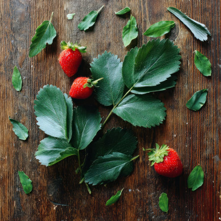 Three ripe strawberries and several vibrant green leaves are arranged on a weathered wooden background. The overhead composition highlights the natural colors and textures, with soft lighting enhancing the visual appeal. Suitable for various editorial and commercial uses such as illustrating organic food or healthy lifestyle themes.の素材