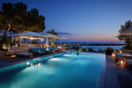 An outdoor scene at dusk features a swimming pool and several lounging areas. The water reflects lights creating a relaxing atmosphere. The setting includes trees, umbrellas, and a scenic background. The image could be used for travel brochures or lifestyle editorials.の素材