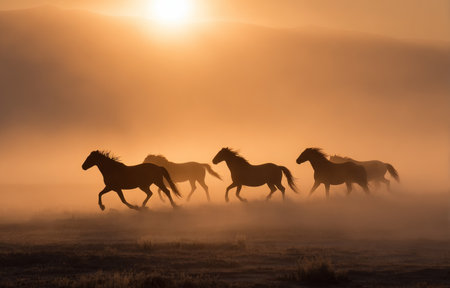 Silhouette of horses runs across a field, illuminated by the sun. The composition features a warm color palette with a hazy atmosphere. This image may be suitable for various commercial applications such as advertising or editorial content needing a sense of freedom.の素材