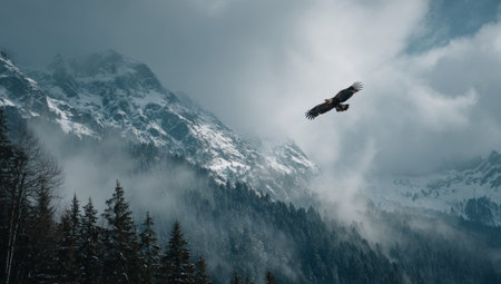 An eagle soars in the air above a mountain range partially obscured by clouds. The composition features a vast landscape with snow-covered peaks and evergreen trees. The image uses muted colors and natural lighting. Suitable for projects needing scenic visuals or representing freedom and adventure.の素材