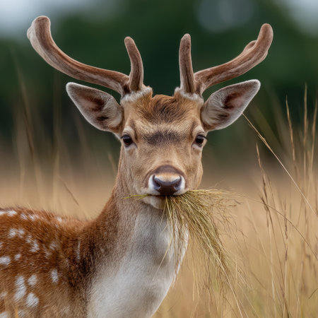 This image showcases a deer in its natural environment, with visible antlers and a close-up view of its face. The deer is captured outdoors, possibly in a meadow or field. The lighting appears natural, enhancing the details of the animal's coat. It could be suitable for various commercial projects.の素材