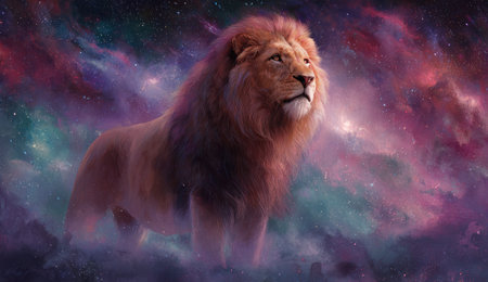 A regal lion stands prominently, its form defined with detailed fur and a focused gaze. The animal is set against a vibrant backdrop of a nebula, featuring swirling colors of purple, pink, and blue. The artwork evokes a sense of wonder and could be suitable for various commercial and artistic applications.の素材