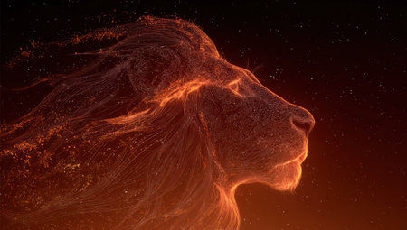 A glowing lion head profile emerges from a dark background, crafted from vibrant particle effects. The artwork showcases warm oranges and reds, suggesting heat and energy. The composition uses strong lighting and visual dynamics. This image is suitable for creative design, digital art, or promotional materials.の素材