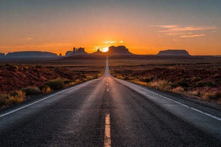 An endless asphalt road stretches towards the setting sun, framed by a desert landscape and distant mountains. The warm sunlight illuminates the scene with golden hues and shadows. This image showcases the concept of travel, journey, and exploration, ideal for various commercial and editorial applications.の素材
