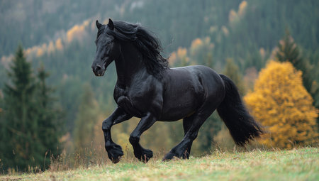 A black horse is seen mid-gallop across a field of grass. The animal showcases a flowing mane and tail against a blurred backdrop of autumn trees. The image utilizes natural lighting to highlight the horse's form. This imagery could be used for advertising, educational materials, or artistic projects.の素材
