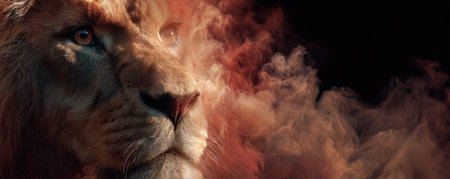 A lion's head is featured, blending seamlessly with artistic smoke. The image showcases a warm color palette, with hues of orange, red, and brown against a dark backdrop. This artwork could be used for various creative projects, including design elements, posters, and other visual communications.の素材