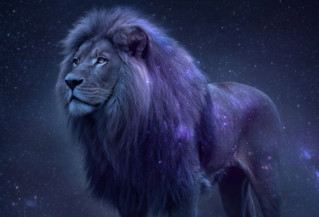 A majestic lion with a dark blue and purple color palette dominates the frame. The artistic representation features a focus on textures and a dreamy aesthetic with highlights suggesting a starlit environment. This artwork could be suitable for various creative projects, including illustrations or digital art applications.の素材
