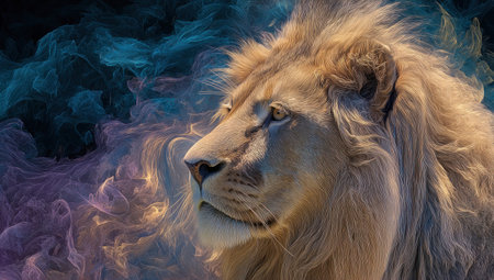 A lion is depicted in a profile view, its gaze focused ahead. The image showcases a soft, textured mane and face illuminated by warm light. Vivid clouds of blue, purple, and teal surround the lion, creating a fantasy-like environment. Suitable for various uses, including advertising or design projects.の素材