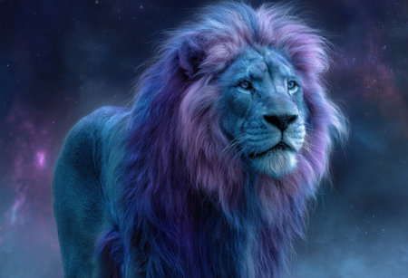 A striking portrait presents a lion with unique coloration, featuring vibrant purple and blue hues in its fur and mane. The animal is depicted in a detailed, artistic style against a dark, undefined backdrop. This image is suitable for diverse commercial applications, including graphic design, illustrations, and digital art projects.の素材
