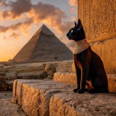 A sleek black cat, adorned with a decorative golden collar, sits majestically against a backdrop of ancient architecture and a pyramid under a warm sunset. The image showcases rich colors, textures of stone, and atmospheric lighting. Suitable for artistic projects, historical presentations, or creative visual communication.の素材