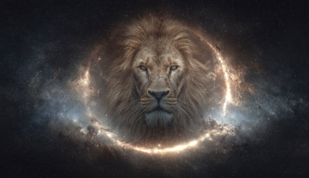 A regal lion is depicted in a dramatic portrait, framed by a luminous halo. The image showcases rich colors and textures with dynamic lighting. The composition evokes a sense of power and mystique. This image is suitable for various creative and commercial projects, and would enhance any design.の素材