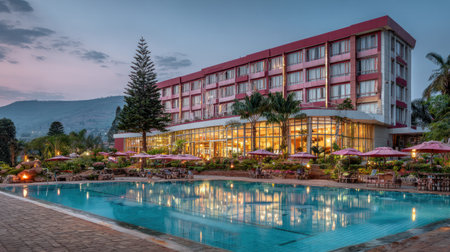 A large hotel building is featured with a swimming pool in the foreground. The architecture displays numerous windows and a red and white facade, reflecting exterior lights. Palm trees and an evergreen tree add to the tropical setting. The image suggests a resort setting for commercial applications.の素材