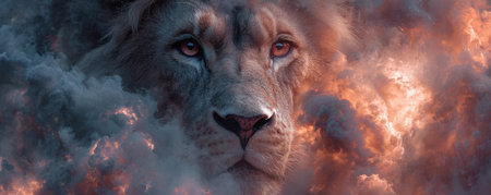 The image showcases a regal lion with an intense gaze, its face partially obscured by swirling clouds. The composition is dominated by warm and cool colors, creating a dramatic effect. This visual could be used for various purposes, including editorial content, design projects, or artistic representations of nature and wildlife.の素材