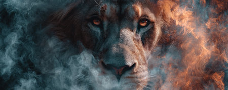 This image showcases a lion's portrait emerging from vibrant, swirling elements resembling smoke and fire. The composition utilizes a blend of warm orange, cool blue, and neutral tones. The overall style suggests a digital artwork, suitable for various commercial and editorial projects. Lighting effects enhance visual appeal within a dynamic setting.の素材