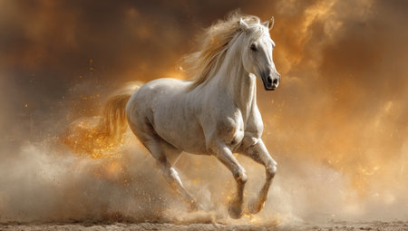 A white horse gallops dynamically across a landscape with an orange-toned background. The animal displays flowing mane and tail with dust particles. The image conveys motion, freedom, and power using warm colors. Suitable for editorial use, this image could enhance various projects with its visual appeal.の素材