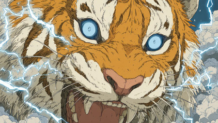 An artistic depiction presents a fierce tiger with intense blue eyes and open mouth. The animal is shown close-up, showcasing its detailed fur and sharp teeth, encircled by electric lines. The stylized illustration likely serves commercial purposes.の素材