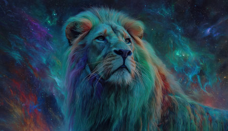 An artistic depiction shows a lion with a multicolored mane and a gaze directed upwards. The vibrant color palette includes hues of green, blue, and purple. The style appears illustrative, with cosmic elements in the background, creating a fantasy setting. Suitable for conceptual or decorative projects, this image could be employed for various creative purposes.の素材