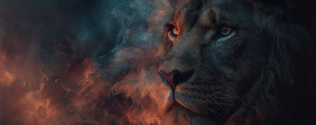 A close-up image features a lion's profile, its gaze intense against a backdrop of fiery, swirling colors. The visual characteristics include a mix of warm and cool tones, creating a dramatic atmosphere. This image could be used in a variety of creative projects, including illustrations and advertising materials.の素材