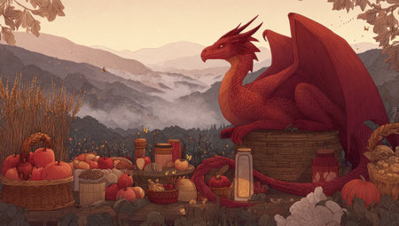 A vibrant image presents a red dragon, perched atop a wooden crate, against a backdrop of hazy mountains. The illustration features various apples and preserves. The artwork employs soft textures and warm colors, creating a fairytale style. Suitable for illustrative and commercial use.の素材