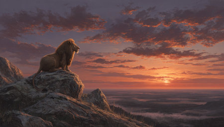 A lion stands atop a rocky outcrop, observing the distant horizon at dusk. The image showcases warm, vibrant colors across the sky, blending orange and purple hues. Soft lighting and a scenic composition create a peaceful and inspiring atmosphere, suitable for various commercial and editorial uses.の素材