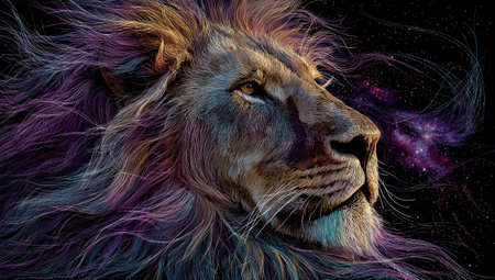 A detailed artistic depiction showcases a lion's profile with a richly colored mane blending into a cosmic background. The artwork uses a combination of shades, with a play of light emphasizing the features of the lion. This image is suitable for various creative projects and could be used for editorial or design purposes.の素材