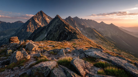 A scenic photograph showcases a mountain range at sunset, with a foreground of jagged rocks and sparse vegetation. The image features a warm color palette dominated by golden and brown hues. The composition captures the expansive landscape, suggesting a peaceful environment suitable for editorial and commercial applications.の素材
