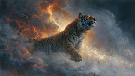A powerful tiger is depicted amidst swirling storm clouds, with vibrant streaks of lightning illuminating the scene. The image showcases a dynamic composition, featuring warm and cool color contrasts, creating a sense of drama. Suitable for various creative projects, this artwork could be used to illustrate themes of power and nature.の素材