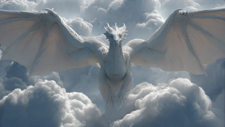 A large white dragon is depicted with wings spread, flying amongst fluffy white clouds. The image presents a fantasy theme with dramatic lighting and detailed textures. The dragon's pose and the soft focus suggest dynamic movement, suitable for creative projects and illustrative purposes.の素材