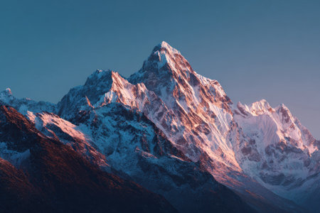 A detailed image presents a snow-covered mountain peak under a clear sky. The composition highlights the textured surface of the mountain, with a gradient of colors including white, blue, and shades of brown. The lighting suggests a dawn or dusk setting, possibly suitable for various nature-related commercial projects.の素材