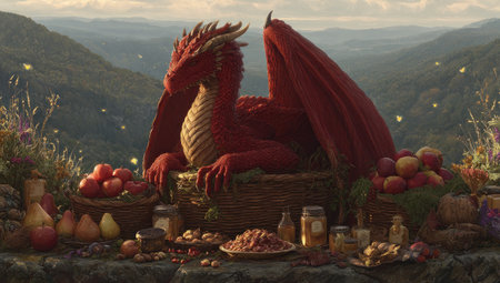 A vibrant illustration presents a red dragon resting amongst a bountiful harvest. The dragon, with textured scales and large wings, is the focal point. Rich colors, warm lighting, and a detailed composition suggest a fantasy setting. This image is suitable for various editorial and commercial applications.の素材