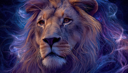 A close-up portrait of a lion features detailed fur and focused eyes. The artwork incorporates vibrant colors, particularly blues and purples, with a digital painting style. The composition includes dynamic energy effects, hinting at a mystical or fantasy environment. This image could be used for various creative projects or illustrative purposes.の素材