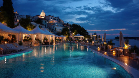 A tranquil pool reflects lights from nearby structures under a dusky sky. The scene shows white canopy structures set around the pool and overlooks a distant cityscape. It is a night shot with the sky full of stars. This image could be utilized for travel, leisure, and luxury lifestyle themes.の素材