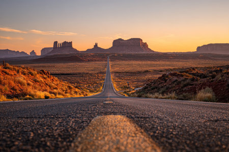 An empty asphalt road stretches toward a distant horizon, flanked by arid terrain. The image displays a warm color palette, with the sky displaying orange and yellow hues. The composition has a long perspective. Suitable for editorial or commercial projects about travel or exploration.の素材