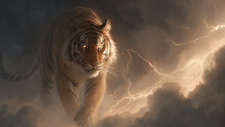 A tiger is depicted in an illustration, set against a backdrop of a dramatic, cloudy sky and flashes of lightning. The animal features rich color tones and a detailed textured fur. The image uses a dramatic composition and lighting, ideal for various commercial and editorial applications.の素材