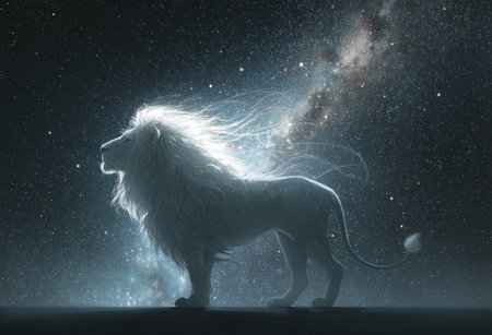 A regal lion is depicted in silhouette against a backdrop of a vibrant night sky filled with stars and celestial light. The lion's flowing mane is illuminated, creating a sense of ethereal beauty. The composition is striking, emphasizing the animal's form. Suitable for creative projects, illustrations, and designs needing dramatic visuals.の素材