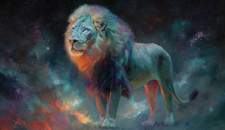 A large lion with a vibrant multicolored mane is depicted against a dynamic, cosmic backdrop. The artwork features a blend of soft hues and strong contrasts, suggesting a fantastical or surreal environment. This image could be used for a variety of purposes, from illustrating concepts to creative design applications.の素材