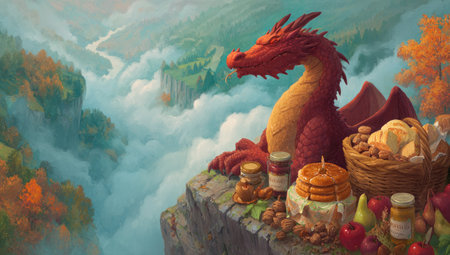 An illustrated dragon with red scales sits atop a stone cliff overlooking a misty valley. Autumn foliage frames the scene with warm colors. A basket of food and other containers sit nearby. This stylized image is suitable for various commercial uses, including illustrations and digital art.の素材
